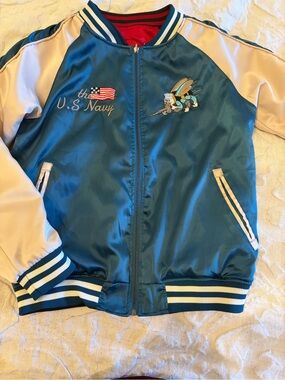 Unisex Reversible Sukajan / Satin Bomber Jacket.- Teal and Cream /Red and Navy